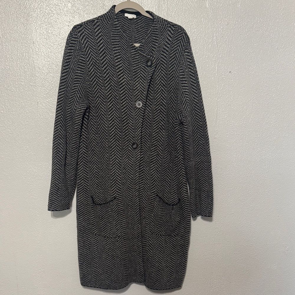 J Jill Herringbone Copley Topper Sweater Coat Cardigan Black Gray Wool Blend L